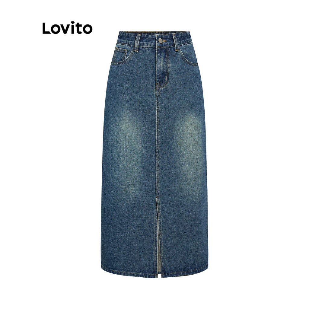 (KOL‘s pick) Lovito กระโปรงยีนมิดิ ฟอกสี แบบผ่า สีพื้น สไตล์ลำลอง แฟชั่นผู้หญิง L39AD079