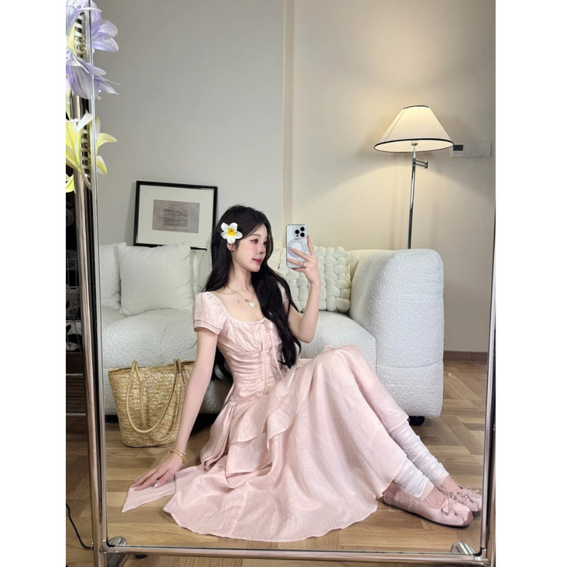 【EVIOVIO】S-2XL🌸 ชุดเดรสยาวพริ้ว สีพาสเทล สไตล์เจ้าหญิงสุดหวาน พร้อมดีเทลระบายเลเยอร์ เดรสออกงาน