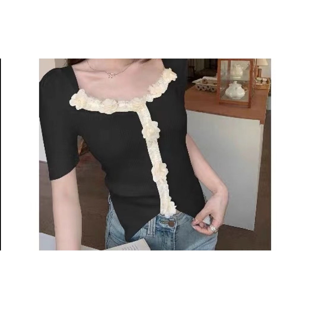 ฤดูร้อนใหม่ เสื้อแขนสั้นคอเหลี่ยม 3D ลายดอกไม้ สำหรับผู้หญิง Oh Ma Ji Xi Feng ZH2J