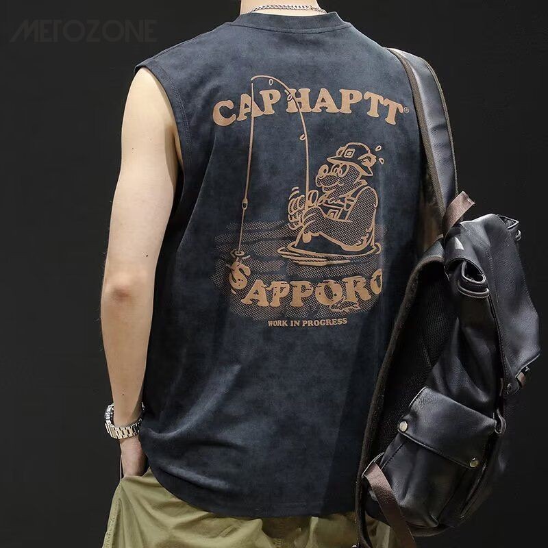 เสื้อกั๊กผู้ชายคอกลมเสื้อยืดแขนกุดพิมพ์เสียหายเฮ็มออกแบบเสื้อกั๊ก