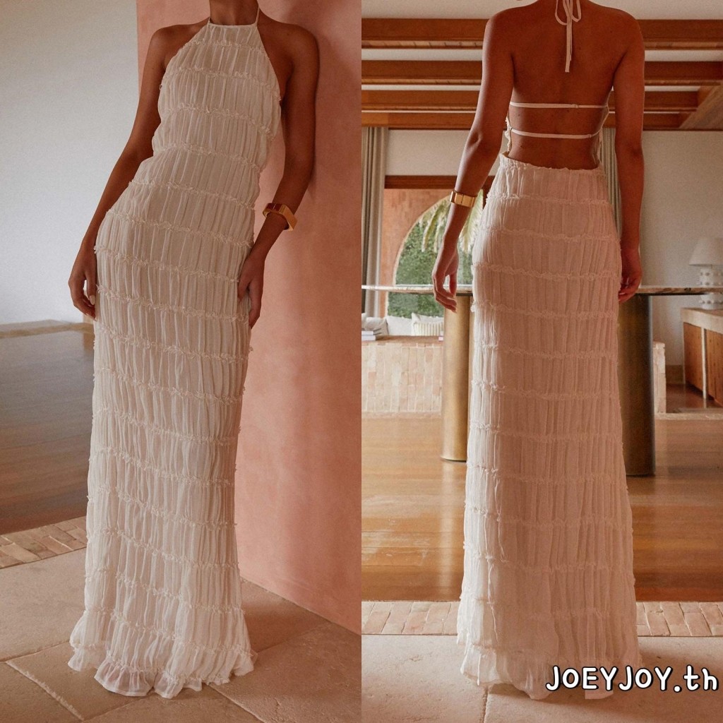 JOEYJOY-ชุดเดรสยาวผูกโบว์แขนกุดชุดเดรสสีทึบเปลือย