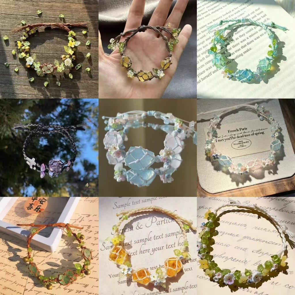 ☀ สร้อยข้อมือดอกไม้คริสตัลสังเคราะห์ Macrame คอลเลคชันทำมือบริสุทธิ์ ถุงตาข่ายทอ ของขวัญสำหรับเพื่อนสนิท สร้อยข้อมือ WYJH