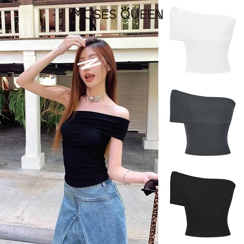 MOSESQUEEN เสื้อยืดแขนสั้นไหล่สีแดงผู้หญิงฤดูร้อนเครื่องเทศหวานสั้นไหล่เฉือนด้านบน#62989