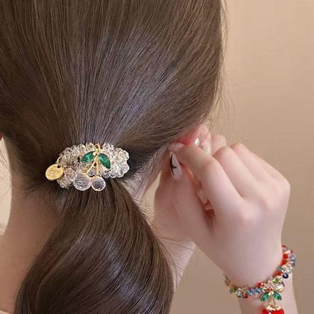 Youmoot เชอร์รี่สร้อยข้อมือ, เชอร์รี่ พลอยเทียม คริสตัลเชือกผม, เก๋หรูหราสองวัตถุประสงค์เสน่ห์ผู้ถือผมหางม้าอุปกรณ์ผม - รูปที่ 2