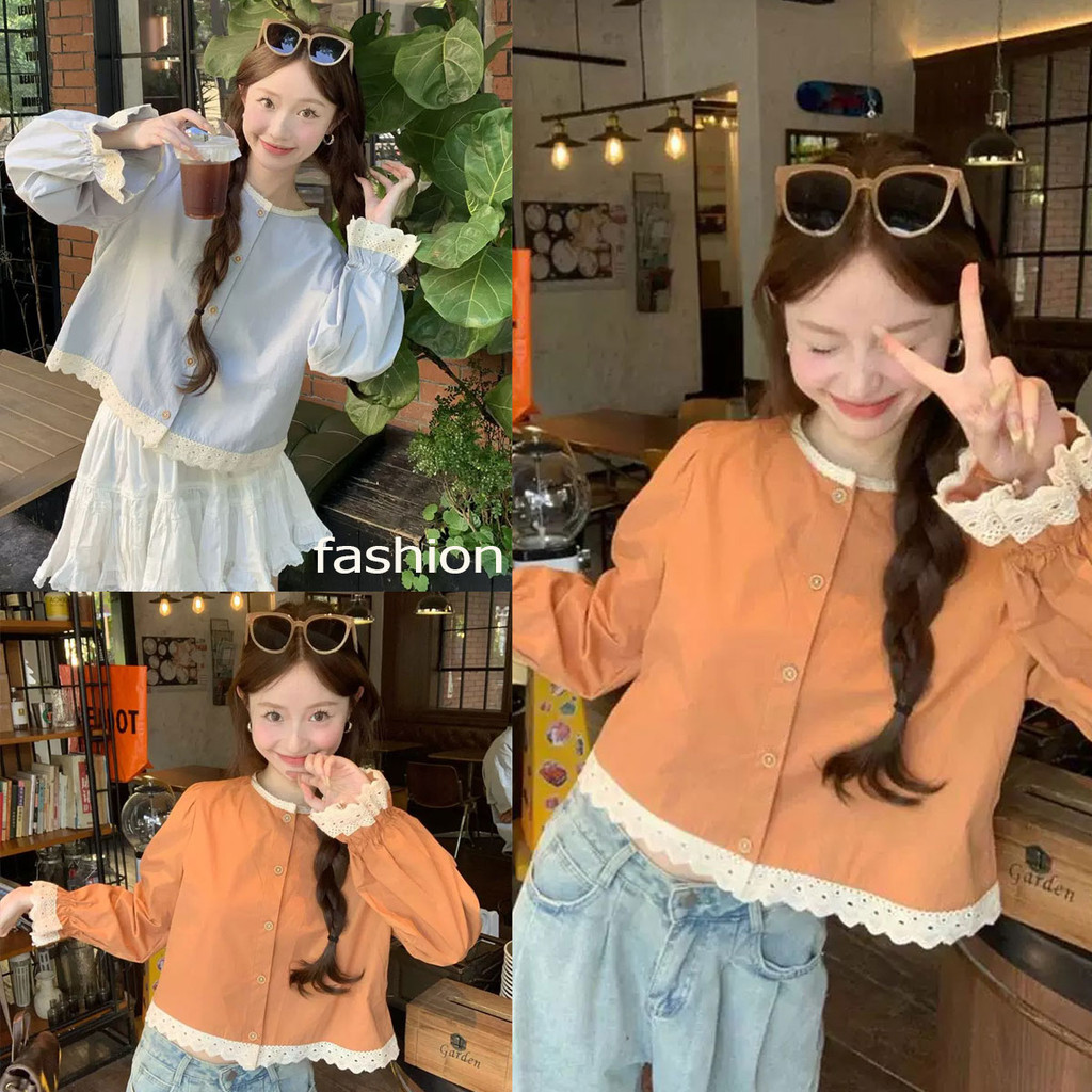 Dahong ต้นฤดูใบไม้ร่วงสไตล์ใหม่ลูกไม้ญี่ปุ่น เสื้อแขนยาวผู้หญิงทอหนุ่มหลวม ผอมลง เชิ้ต แขน ยาว ผู้ หญิงงาม  ไซส์S-X W603