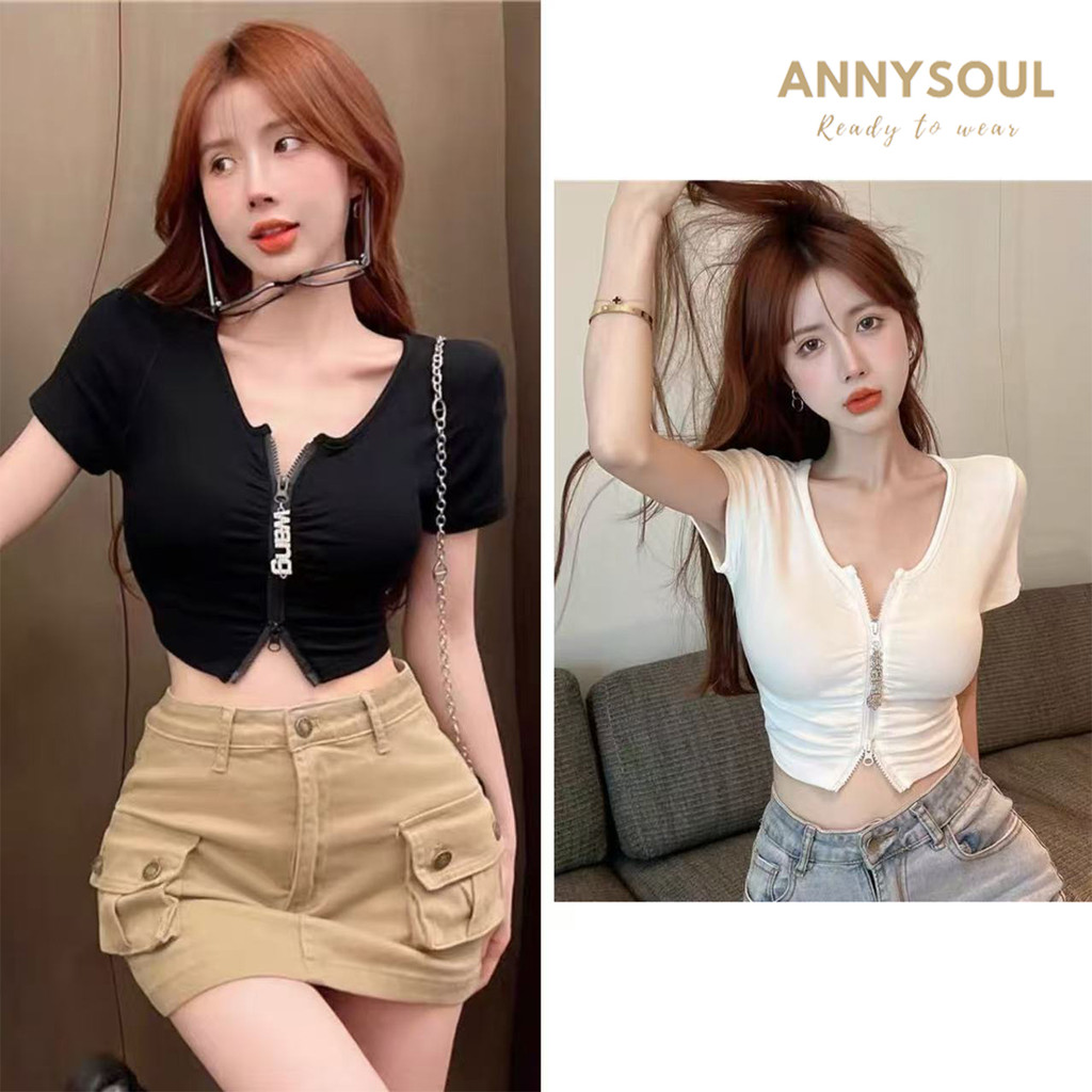 เสื้อครอปแขนสั้น สไตล์เก๋ ดีไซน์รัดรูป