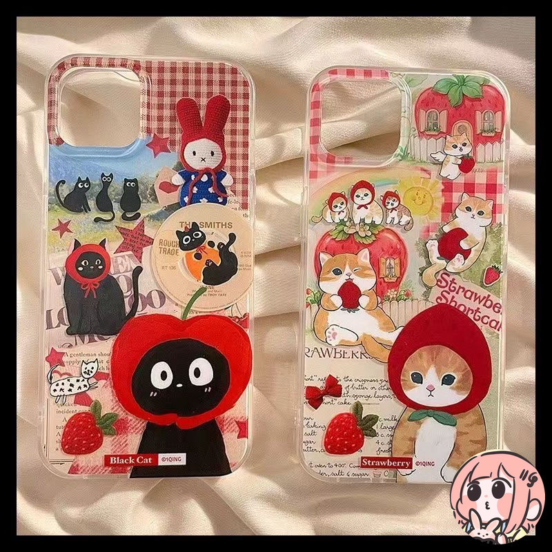 เคสไอโฟน Xr เคส IPhone 16 13 11 15 12 14 Pro Max XS X XR Max 7 8 Plus SE 2020เคสซอฟต์ลายแมวตลก สตรอเบอรี่ ดาว และดอกไม้