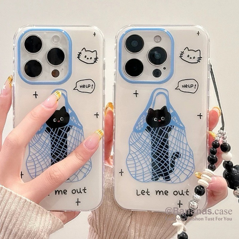 IPhone 16 15 14 13 12 11 Pro Max X Xr Xs Max 7 8 Plus SE2020 เคสโทรศัพท์กระเป๋าน่ารักแมวดํา + Lanyard Clear Soft ฝาหลัง