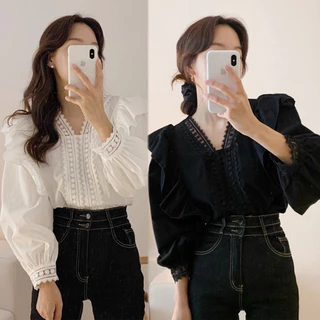Chili Koko เสื้อเชิ้ตแขนยาว คอวี พิมพ์ลายลูกไม้ แฟชั่นบอททอม สไตล์เกาหลี สําหรับผู้หญิง w608