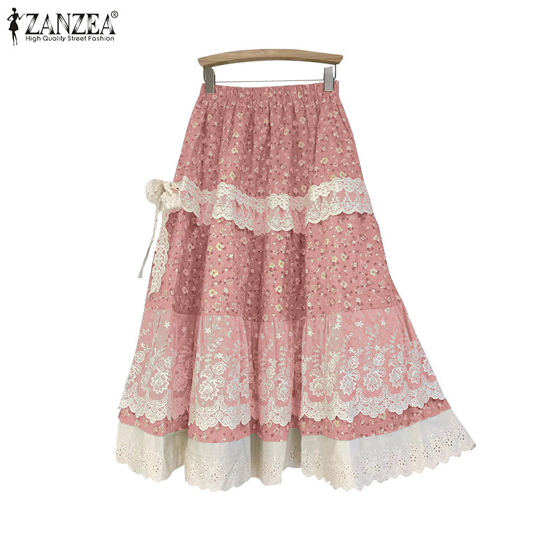 ZANZEA ผู้หญิงวินเทจเอวยางยืดด้านหน้าด้วยลูกไม้ Patchwork ดอกไม้พิมพ์กระโปรง