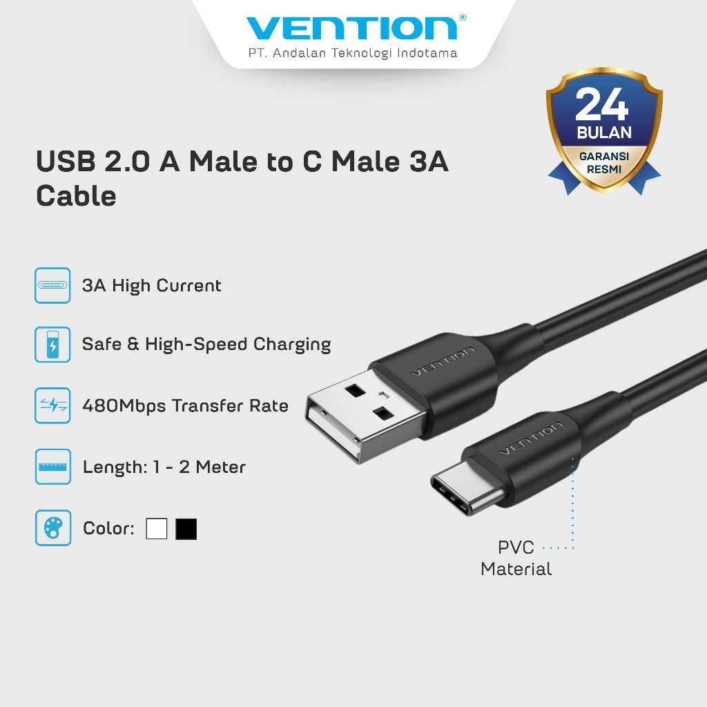 Vention สายชาร์จ USB A to C 3A Fast Charging 3A 480Mbps ยืดหยุ่นและทนทาน 25CM 50CM 1M 1.5M 2M 3M - C