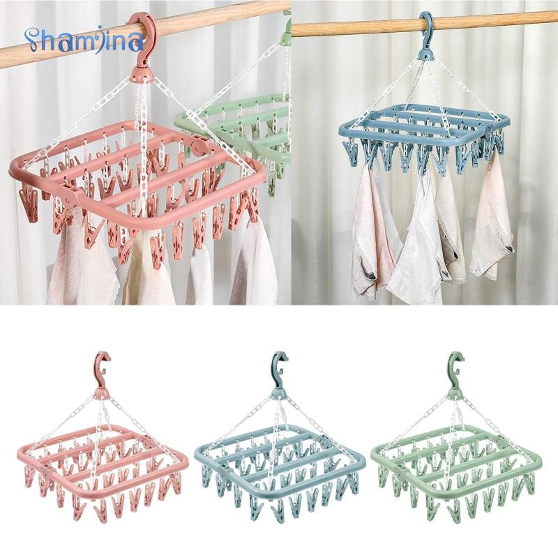 [Shamjina] ชั้นวางซักผ้าแบบพับได้ คลิปหนีบซักรีด w. คลิป 32 ชิ้น, ที่แขวนแห้งแบบหยด ตะขอชุดชั้นใน