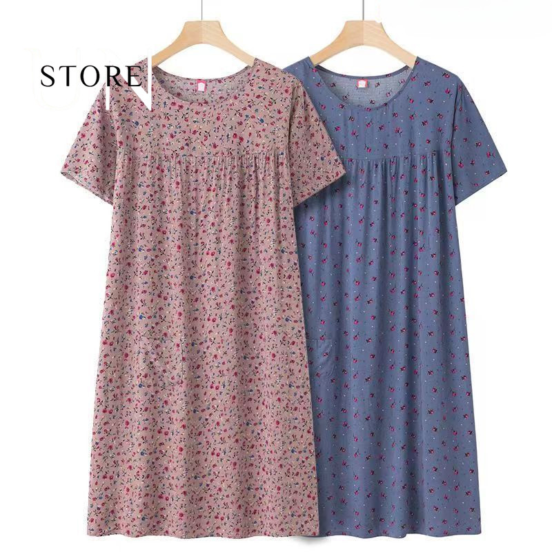 สตรีวัยกลางคนและผู้สูงอายุชุดเดรสผ้าไหมผ้าฝ้ายลายดอกไม้ชุดนอนลำลองคอกลมแขนสั้นชุดนอนสไตล์บาง  เดรสแฟชั่นใหม่เดรสเสื้อผ้าบ้านหลวม