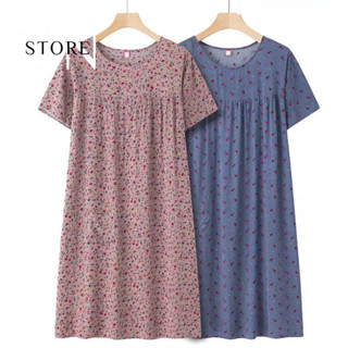 สตรีวัยกลางคนและผู้สูงอายุชุดเดรสผ้าไหมผ้าฝ้ายลายดอกไม้ชุดนอ…