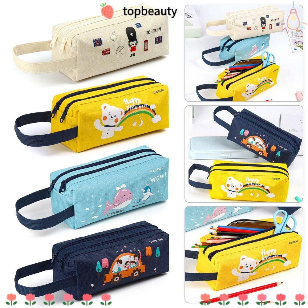 Topbeauty เครื่องเขียนการ์ตูน Creative Double Zipper ความจุขนาดใหญ่ Double-layer