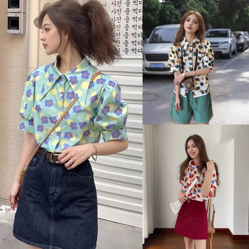 เสื้อเชิ้ตผ้าฝ้ายพิมพ์ลายดอกไม้ คอปกทรงเข้ารูป สวยหรู ใส่ได้หลายโอกาส  เสื้อ สงกรานต์ ผู้หญิง