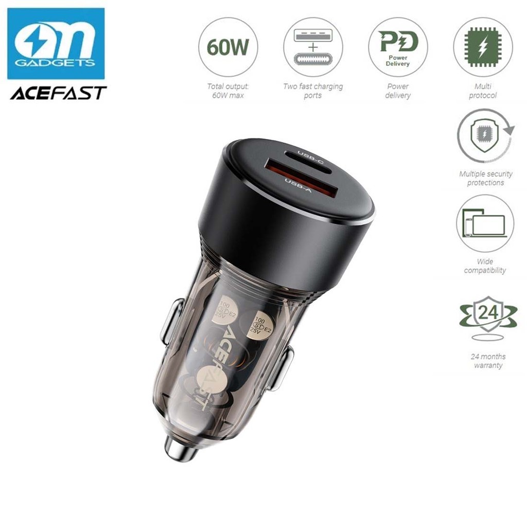 Acefast B12 Car Charger 60W (USB-A+USB-C) Fast Charging dual-port Car Power Adapter พร้อมจอแสดงผลแรง