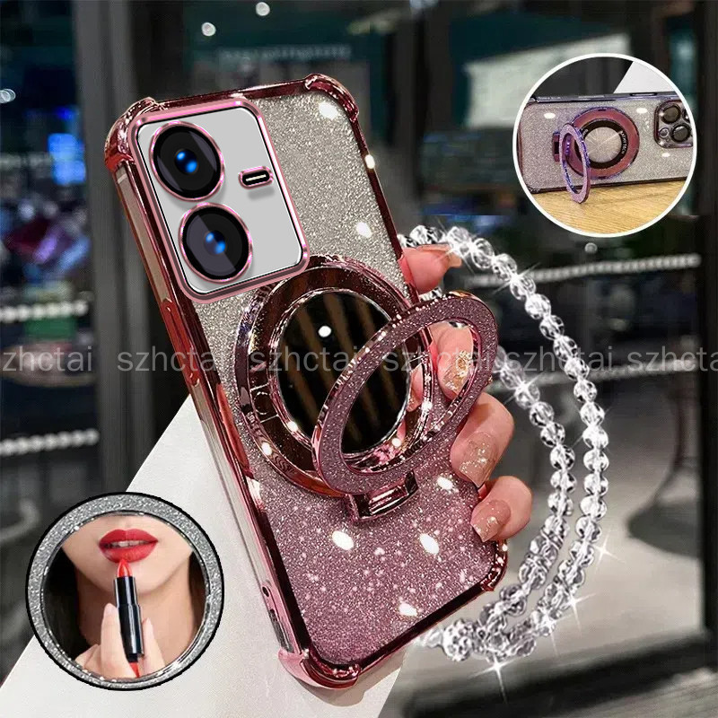 เคสโทรศัพท์, Vivo Y22S Y22, กันกระแทกสี่มุม, ที่วางกระจกแต่งหน้า 3 มิติ, เคสนิ่มสร้อยข้อมือใหม่, เข้