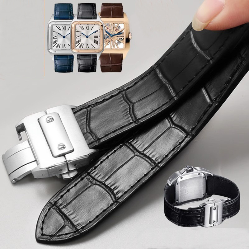 สายนาฬิกาสําหรับ Cartier Santos 100 ผู้ชายผู้หญิงคุณภาพสูงสายรัดหนังวัวพับหัวเข็มขัดสายนาฬิกาหนังแท้ 20 มม. 23 มม.