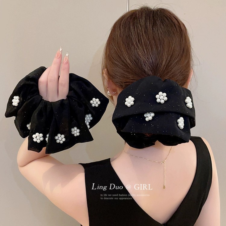 ภาษาฝรั่งเศสคําหรูหรามุกดอกไม้ Scrunchy แหวนผมยืดหยุ่นสูงเชือกผมหางม้า Hepburn สไตล์ Classy Scrunchy สไตล์ใหม่แฟชั่น High-End Headdress ผู้หญิง