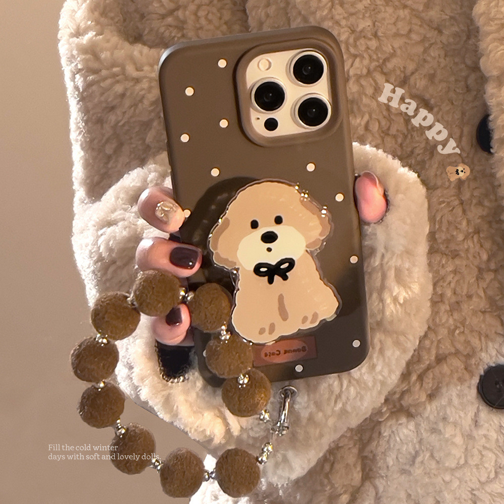Ins น่ารักสีน้ําตาลพุดเดิ้ลสุนัขการ์ตูนเคสซิลิโคนพร้อมสายโซ่สําหรับ Iphone 16 15 14 12 13 PRO MAX ปลอกฝาครอบป้องกัน AT1964