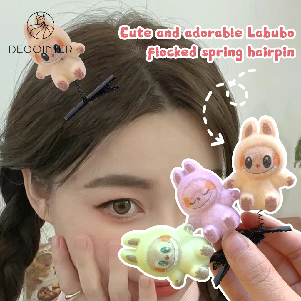 การ์ตูน Labubu Flocked Spring Hairpin - สีสุ่มน่ารัก Monster Sheep Doll กิ๊บติดผม