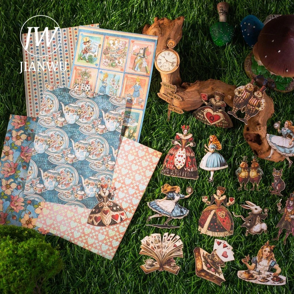 Jianwu Alices Theater Series Vintage ตัวอักษรดอกไม้ภูมิทัศน์ Collage ตกแต่งวัสดุ Creative DIY Junk Journal เครื่องเขียน