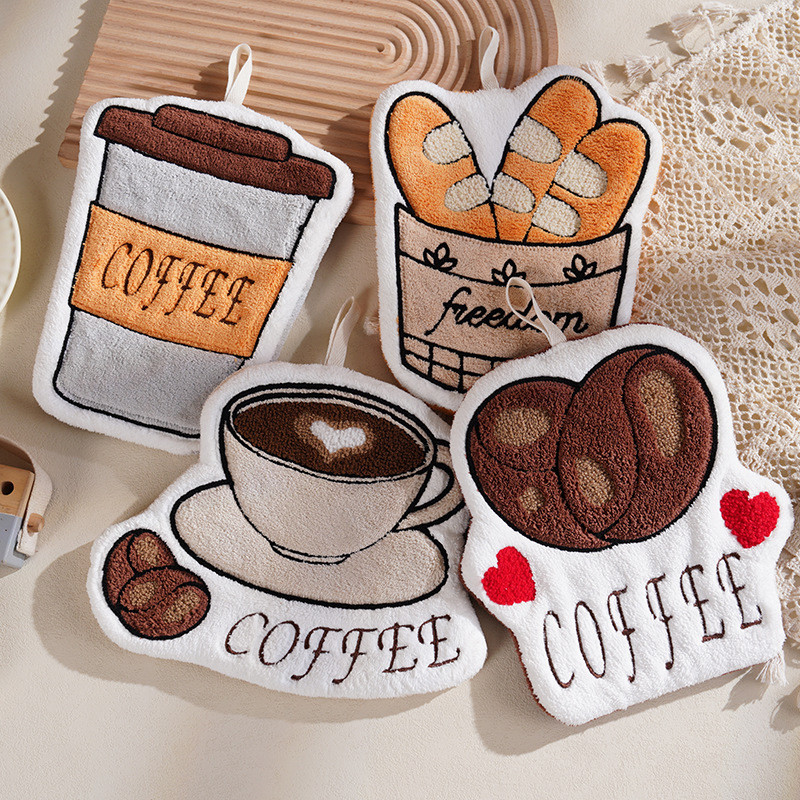 ผ้าเช็ดมือลายกาแฟน่ารักหนากํามะหยี่นุ่มน่ารักผ้าเช็ดมือครัวผ้าขนหนู
