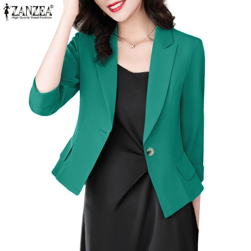 Zanzea ผู้หญิงแฟชั่นเกาหลีแขนสามส่วนปกคอกระเป๋าเสื้อเบลเซอร์สีทึบ