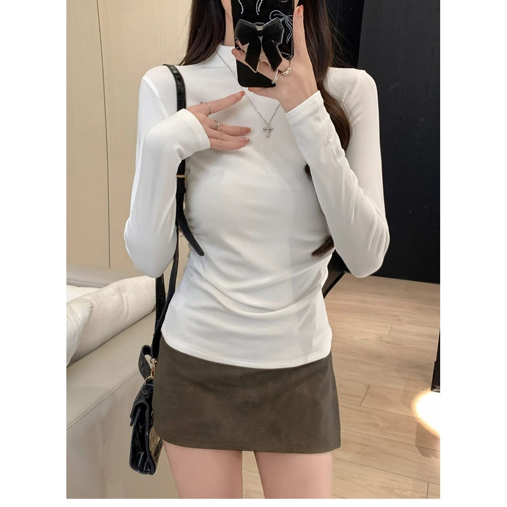 Betty house🌸พร้อมส่ง เสื้อยืดแขนยาวผู้หญิง เสื้อรัดรูป ดีไซน์จีบด้านข้าง สีพื้น เซ็กซี่ คอสูงครึ่ง สไตล์เกาหลี - รูปที่ 3