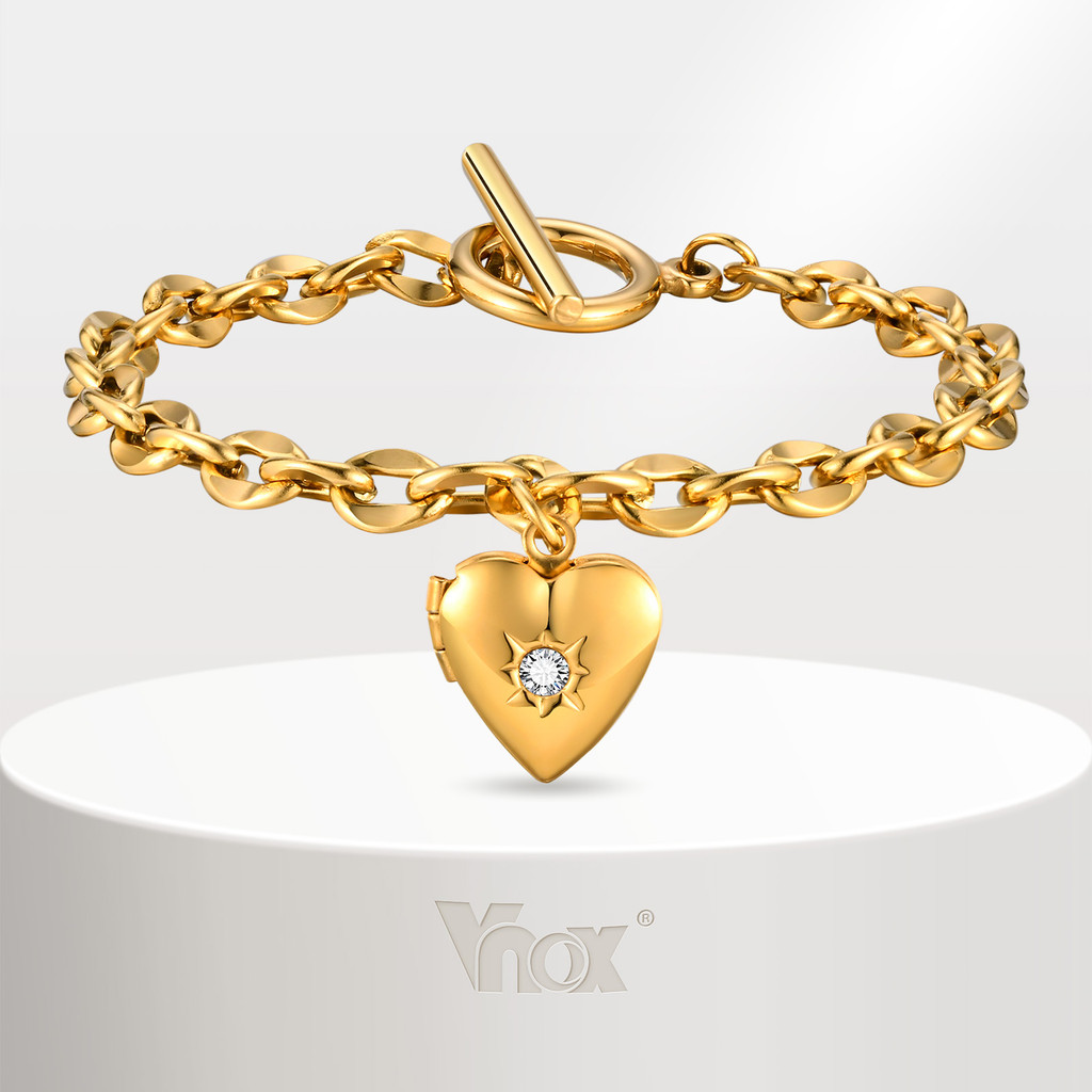 Vnox Heart-Shaped Zircon กล่องสร้อยข้อมือผู้หญิง 18k Gold Charms สร้อยข้อมือสแตนเลสประณีตเครื่องประดับของขวัญ