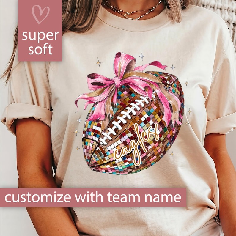 Personalized Football Coquette Shirt, Pink Custom Football Disco T Shirt for Football Mom Game Day T