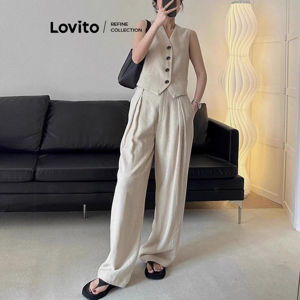 Lovito ชุดกางเกงโครงสร้างปุ่มธรรมดาหรูหราสำหรับผู้หญิง LNE83012