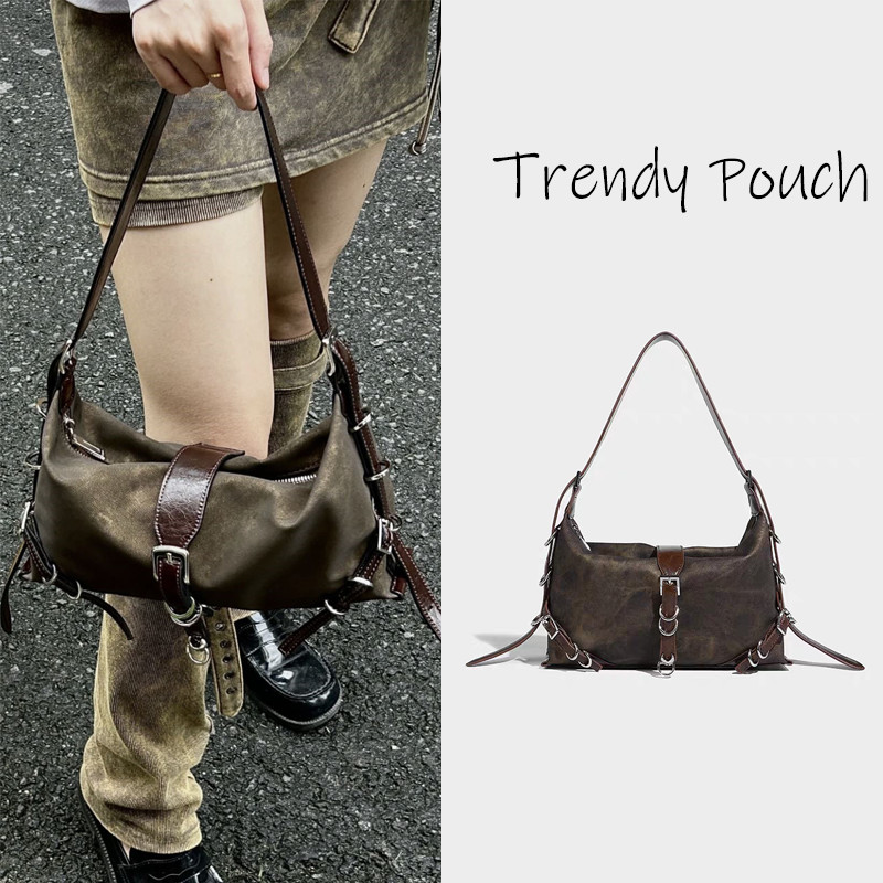 TRENDY POUCH  Maillard กระเป๋าเท่ๆ กันน้ํา กระเป๋าสะพาย  ย้อนยุค  แฟชั่น