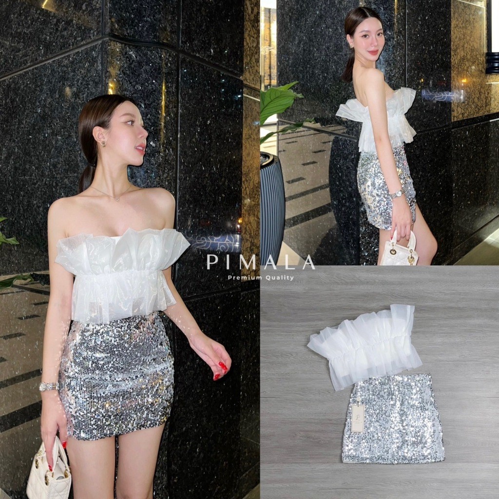 (xs-l) (พร้อมส่ง) Pimala69 SETคุณนายไฮโซสวยหรูหรามากก เสื้อเกาะอกสีขาวฟูฟ่องทรงน่ารักมาก Cafe