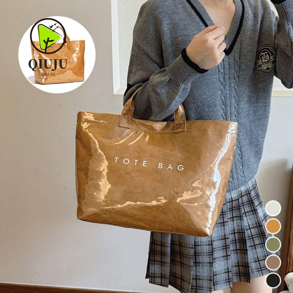กระเป๋ากระดาษคราฟท์ QIUJU, กระเป๋าพิมพ์ลายตัวอักษรผู้หญิงความจุขนาดใหญ่กันน้ํา, กระเป๋าโท้ต PVC แฟชั่น