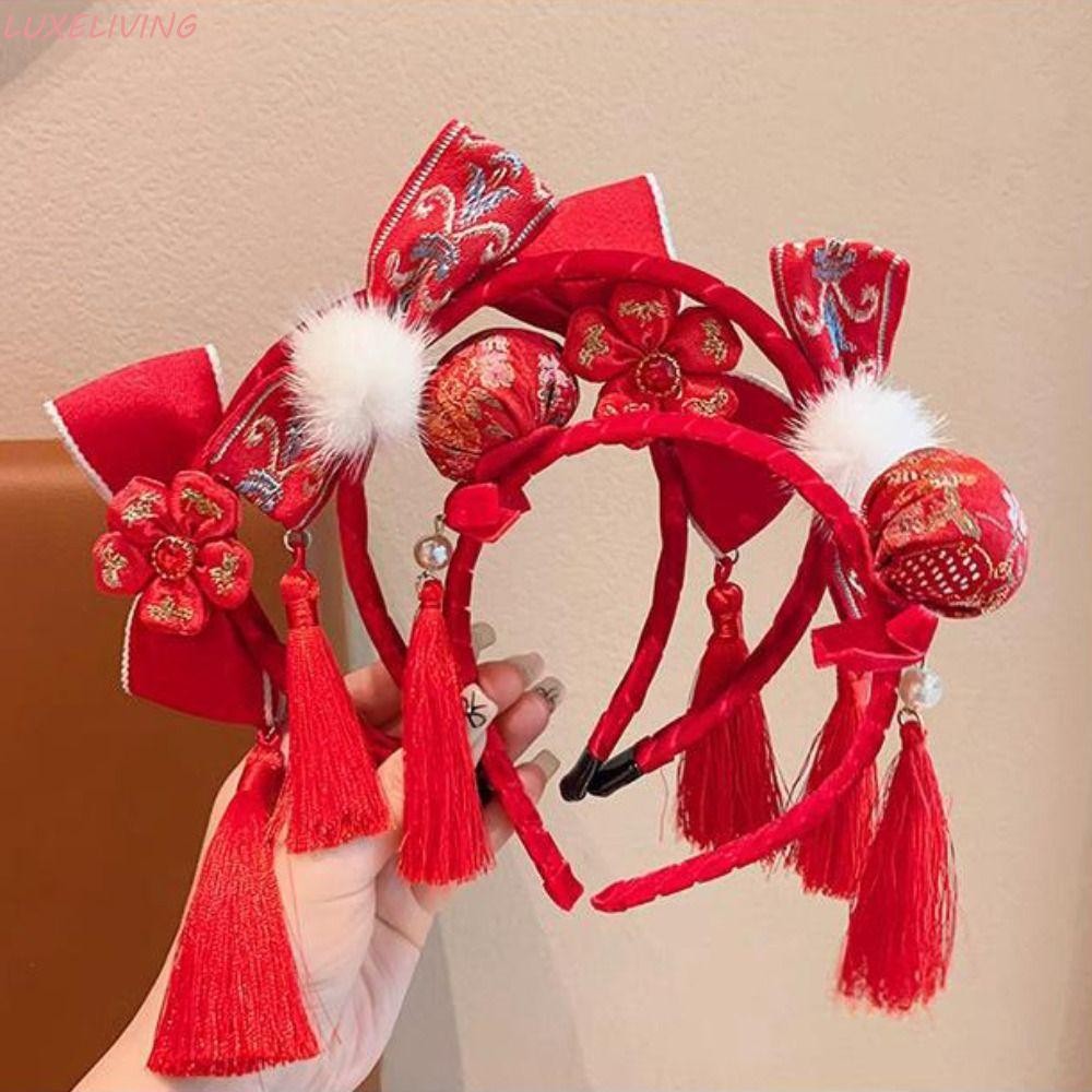 Luxeliving Hanfu ผม Bun ผม Hoop, Tang ชุดผม Hoop Plush Ball ตรุษจีน Headwear, น่ารักสาวอุปกรณ์เสริมผม Fuwa Plush Red Hairband สาว