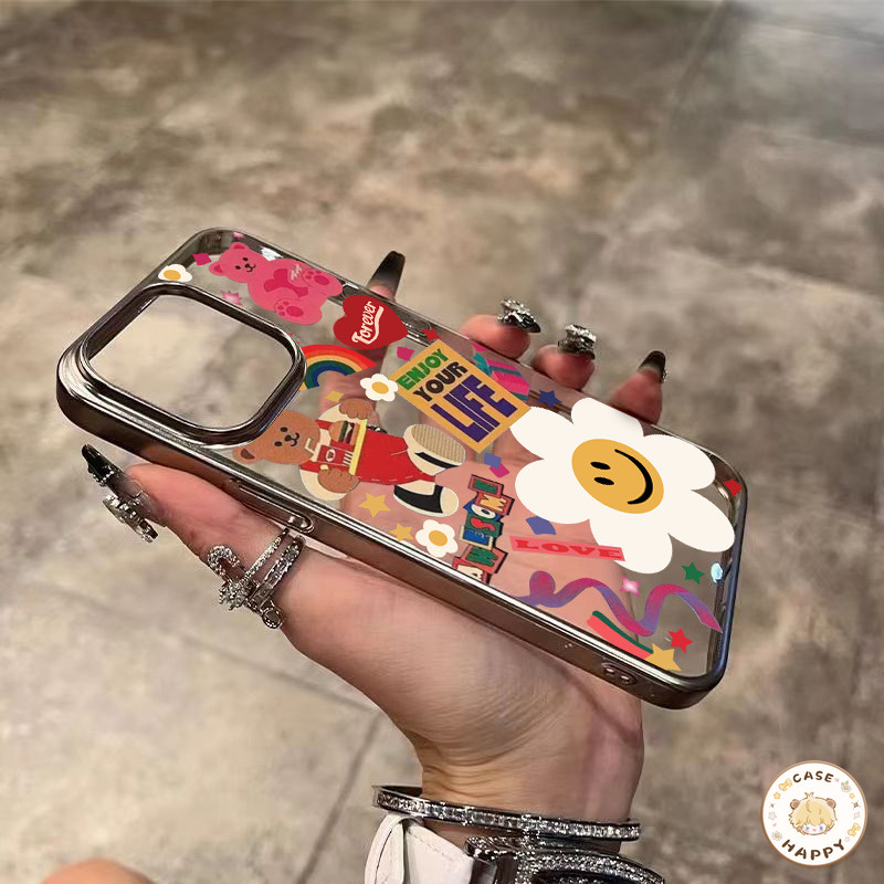 เคสไอโฟน 15 11 สำหรับ iPhone 16 13 14 12 Pro Max XS XR X MAX 15 7 8 14 16 Plus SE 2020 สีสร้างสรรค์หมีน่ารักรักหัวใจยิ้ม