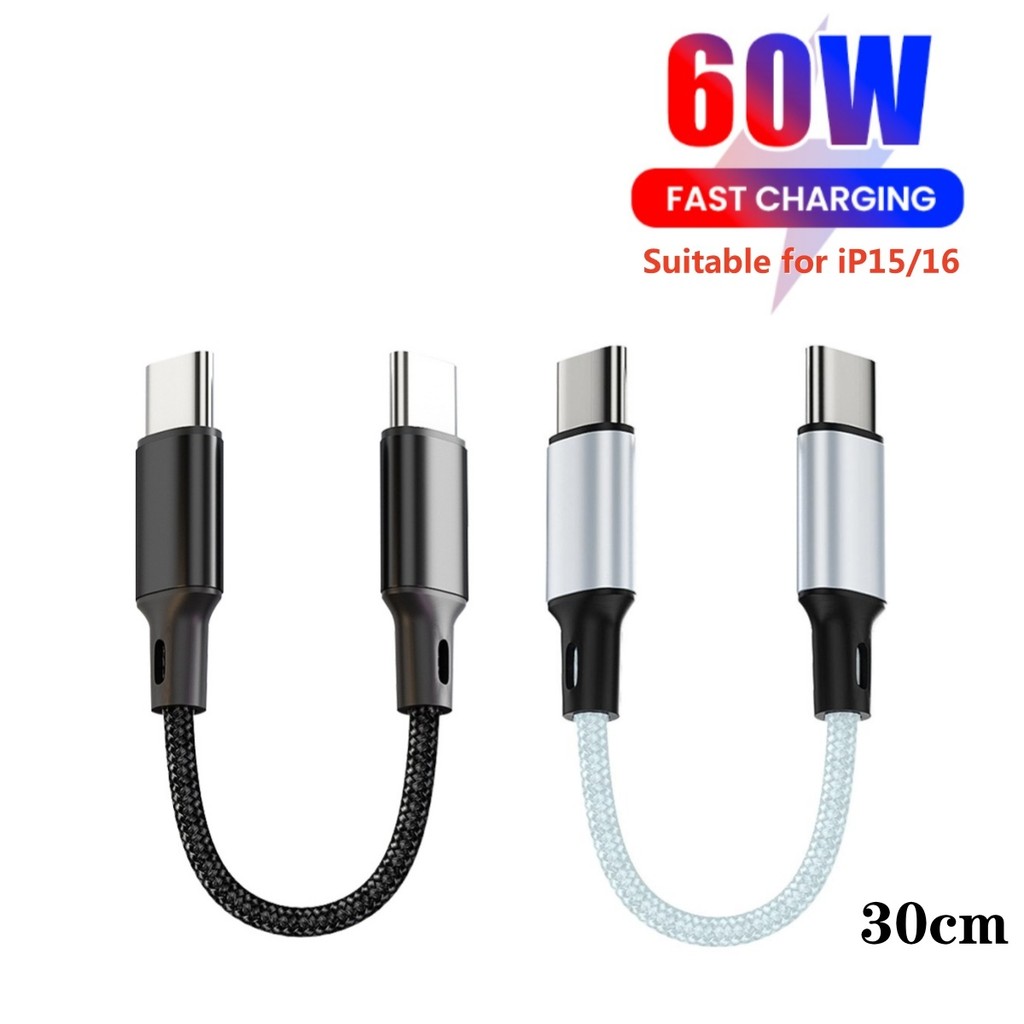 30 ซม.สายสั้นประเภท C ถึง Type C 60W สาย USB C สําหรับ Samsung Huawei Power Bank Fast Charging Data cable