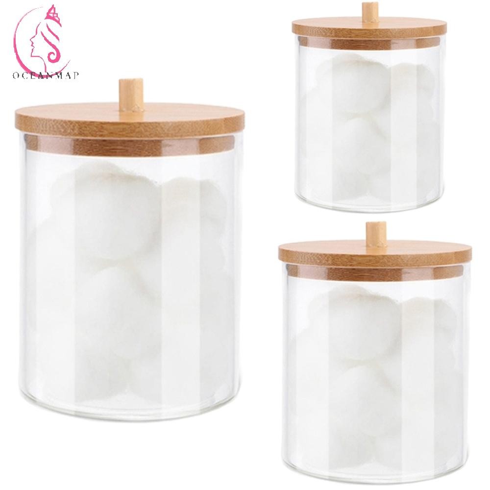 Oceanmap Qtips Holder Storage อะคริลิคสําหรับอุปกรณ์ห้องน้ําพร้อมฝาปิดไม้ไผ่เครื่องสําอางขวดห้องน้ํา