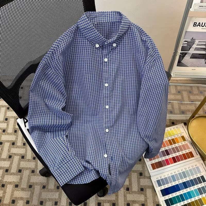 เวอร์ชั่นเกาหลีของฤดูใบไม้ร่วงใหม่ลายสก๊อตสีฟ้าแฟชั่นย้อนยุคหลวมปกลําลองผู้ชายเสื้อเชิ้ตแขนยาว