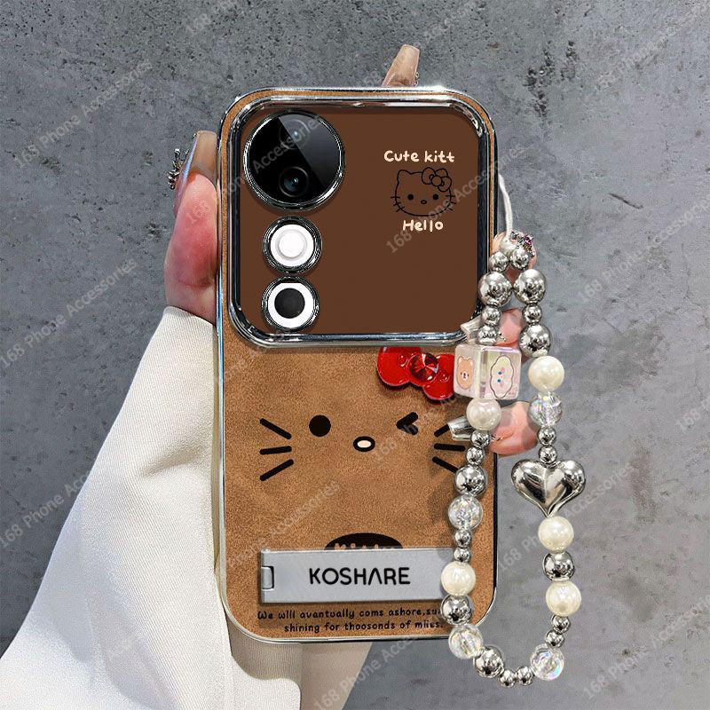 เคส Vivo V40 V30 5G เคส Vivo V40 V30 Pro เคสกันกระแทกน่ารักโบว์การ์ตูนคิตตี้แมวโทรศัพท์พร้อมที่วางโทรศัพท์ขาตั้งสายรัดเชือกเส้นเล็กสร้อยข้อมือสําหรับเด็กผู้หญิงนักเรียน