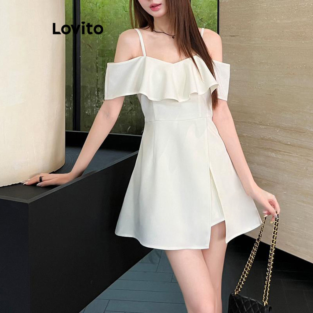 Lovito ชุดเดรสผู้หญิง เย็บหลอกสองชิ้น แต่งผ่าด้านหน้า แต่งขอบหยัก สีพื้น สไตล์ลำลอง LNE63371