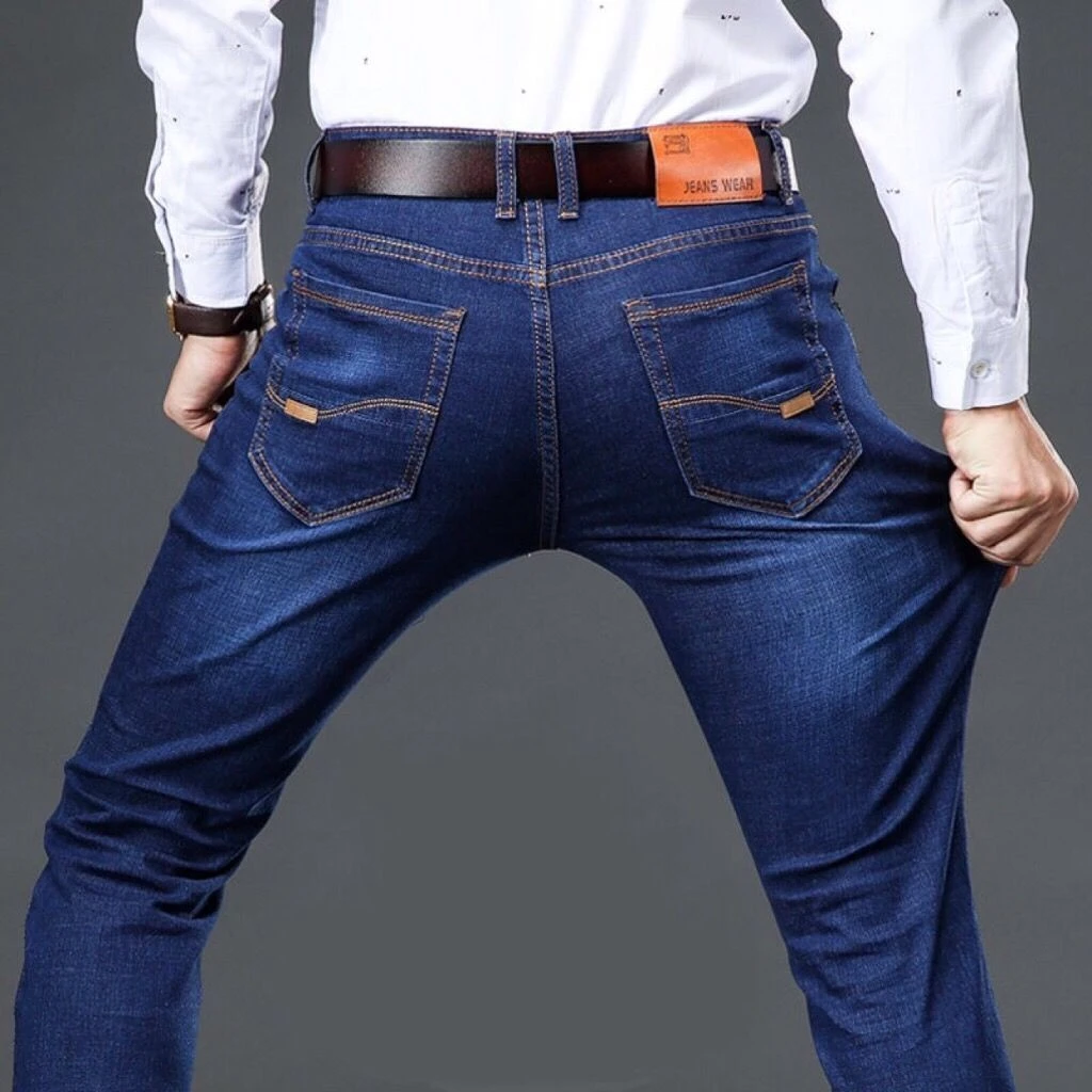 Classic men's jeans loose straight leg black blue jeans elastic business casual pants men's brand pants