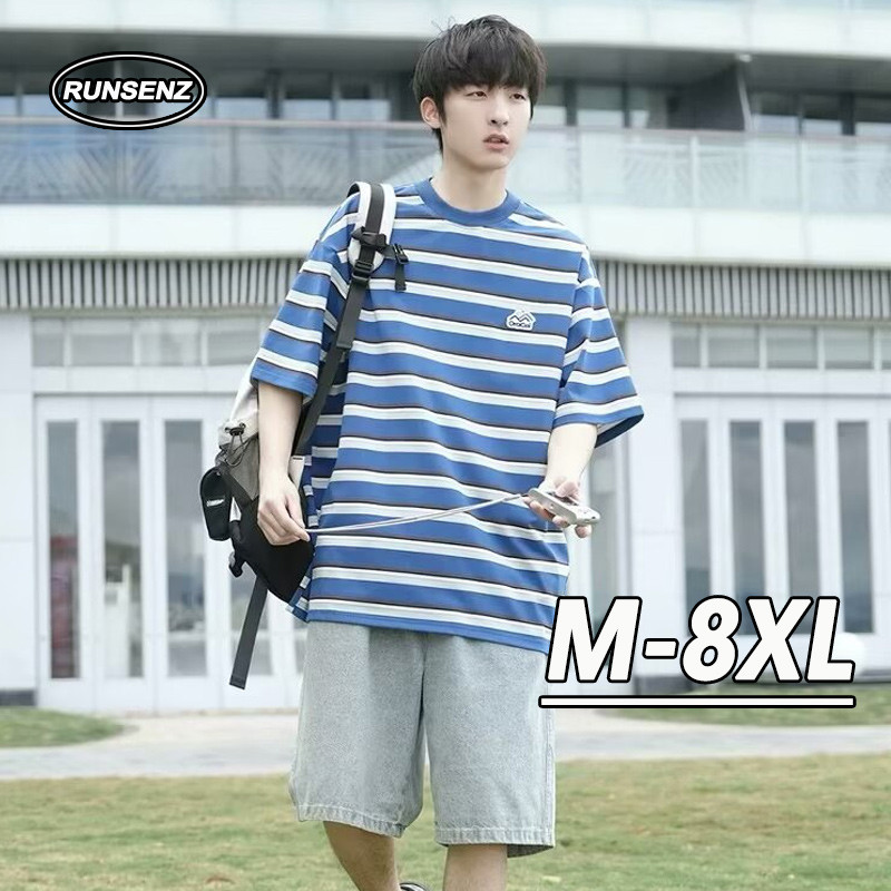 M-8XL สไตล์เกาหลีสีฟ้าลาย T เสื้อผู้ชาย Plus ขนาดรอบคอสบายๆหลวมแขนสั้น Tee