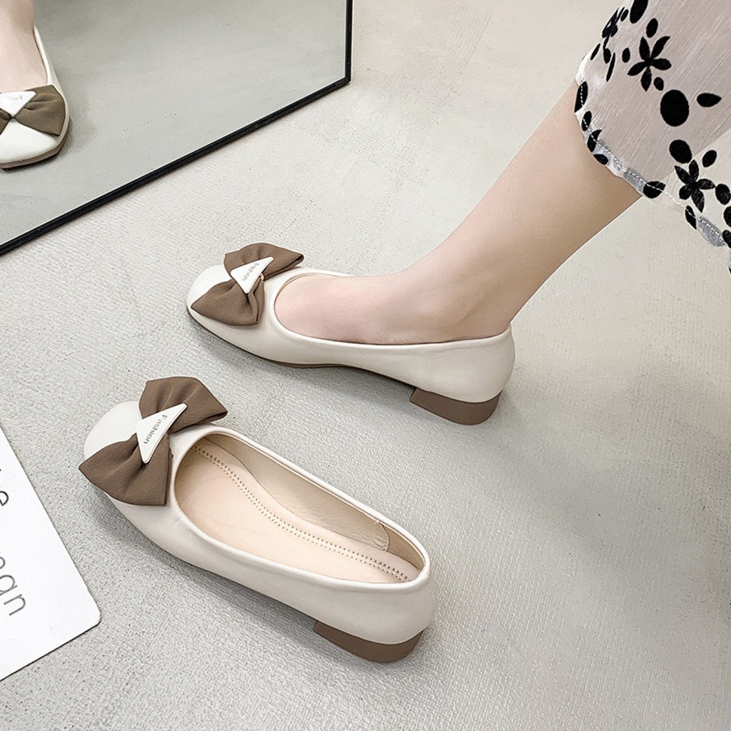 Square Toe รองเท้าผู้หญิงปากตื้นรองเท้าผู้หญิง 2023 ฤดูใบไม้ร่วงใหม่สไตล์ชุดราตรีภาษาฝรั่งเศสคํา Bow ผู้หญิง Bean รองเท้า Shop arizona221 th