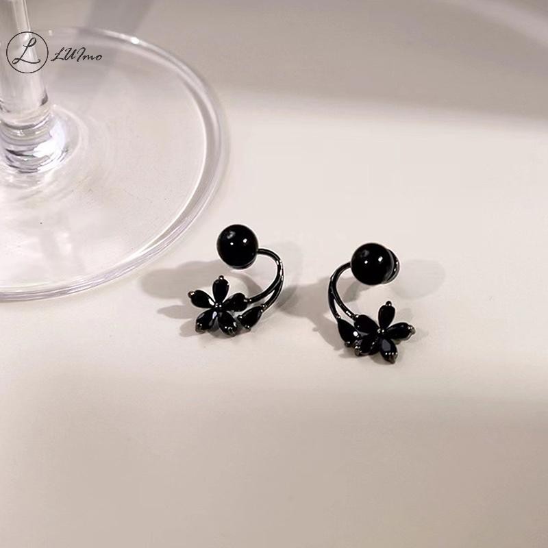 LUImo Vintage สีดําเพทายดอกไม้ Pearl Stud ต่างหูสําหรับผู้หญิงเกาหลี Elegant บุคลิกภาพต่างหูเครื่องประดับงานแต่งงานของขวัญ Mujer ใหม่