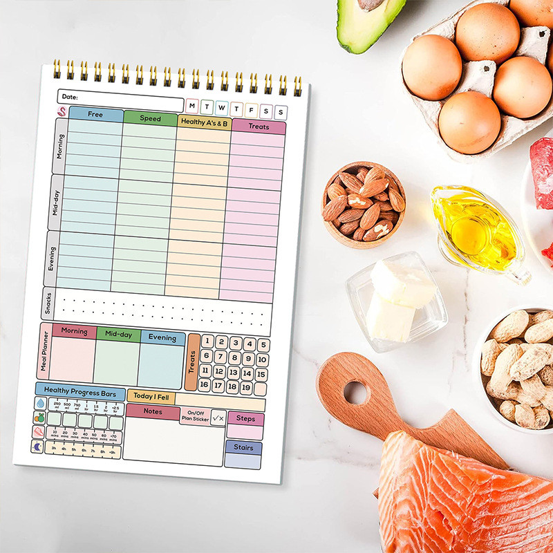 A5 อาหาร Journal Planner 50 แผ่นเกลียว Meal Tracker โน้ตบุ๊ค Calorie Counter ลดน้ําหนักฟิตเนส Log Diet Schedule Organizer