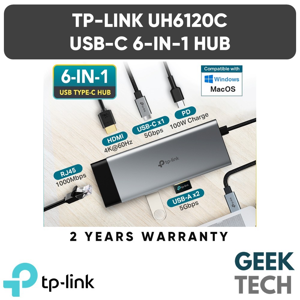 TP-Link UH6120C USB-C Hub 6 in 1 ถึง HDMI 4K @ 60Hz Ethernet PD USB 3.0 อะแดปเตอร์สําหรับเดสก์ท็อปแล