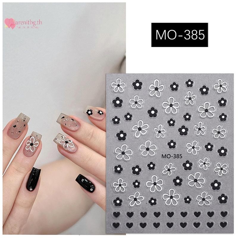 RENBG Blossom 3D สติ๊กเกอร์ติดเล็บสีขาวสีดํากลีบดอกไม้เล็บ Decals Elegant งานแต่งงานออกแบบฤดูใบไม้ผลิดอกไม้เล็บ Slider Decor TH